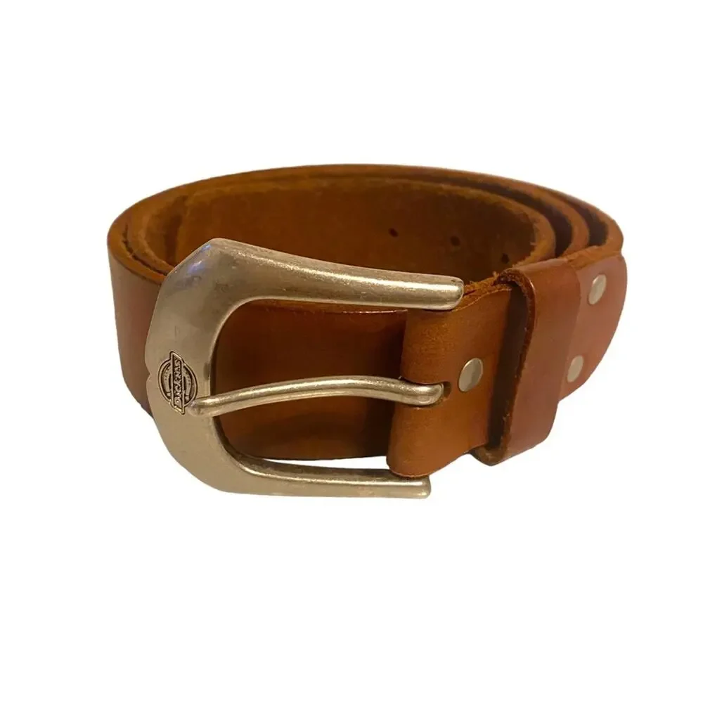 Men's Brown Dickies Genuine Leather Belt Size 38 with silver buckle